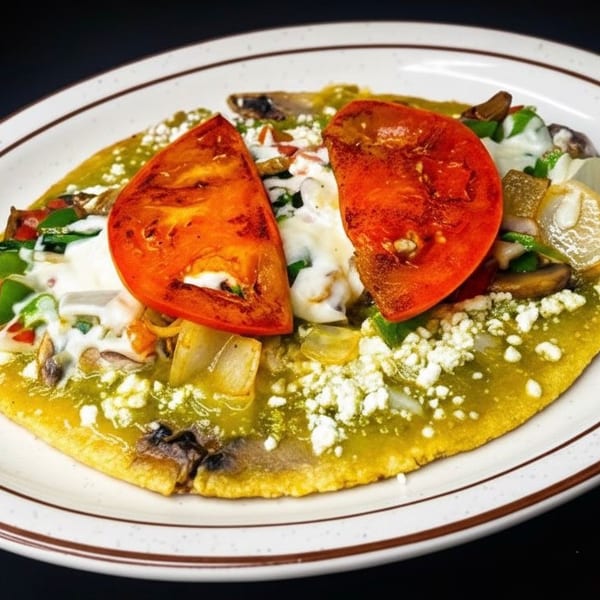 A vibrant Mexican dish with green sauce, cheese, vegetables, and two large tomato slices on a white plate.