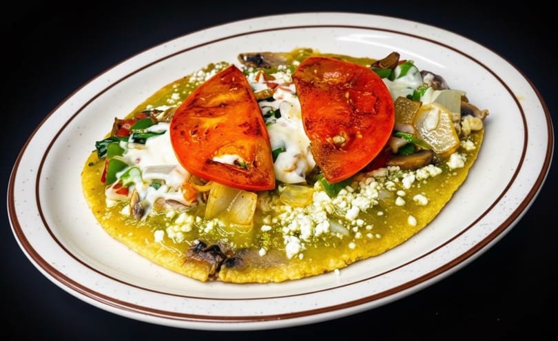 A vibrant Mexican dish with green sauce, cheese, vegetables, and two large tomato slices on a white plate.