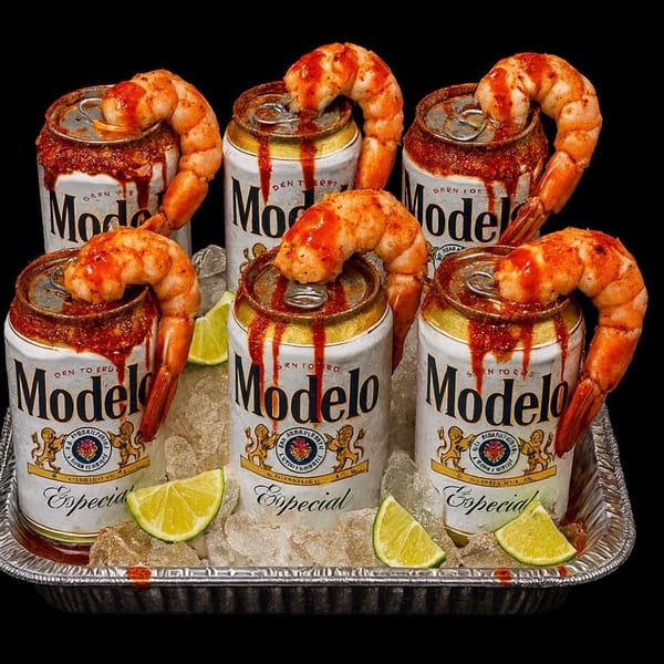 Six Modelo Especial beer cans with shrimp and lime wedges on ice in a tray.