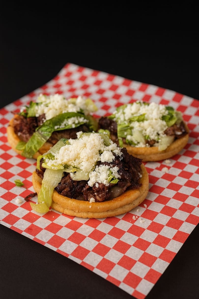 Three sopes with shredded meat, lettuce, and crumbled cheese on red and white checkered paper.