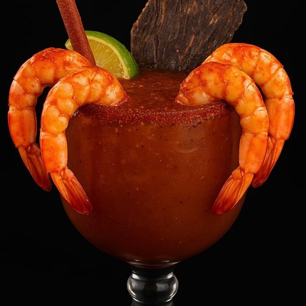 Michelada cocktail with shrimp, lime, chili straw, and beef jerky on a black background.