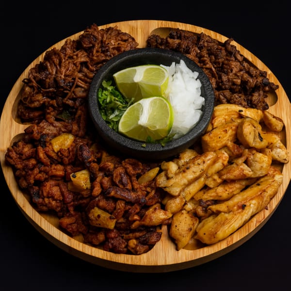 A wooden platter with four sections of different meats, a bowl of lime wedges, and diced onions.