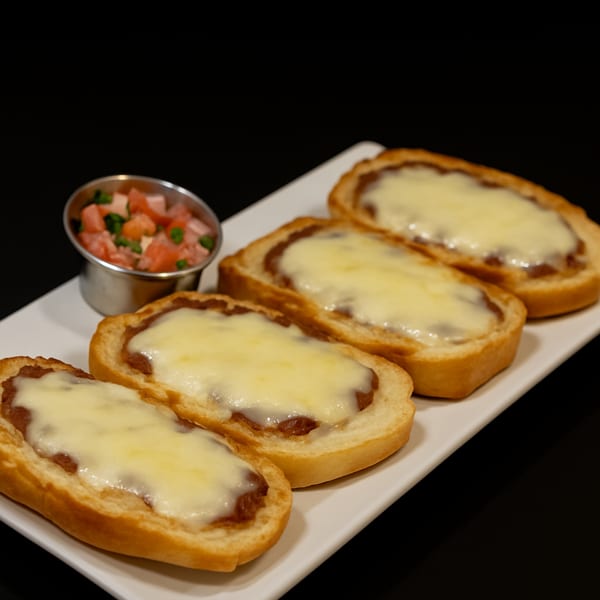 Four cheesy molletes on a white plate with a side of pico de gallo.