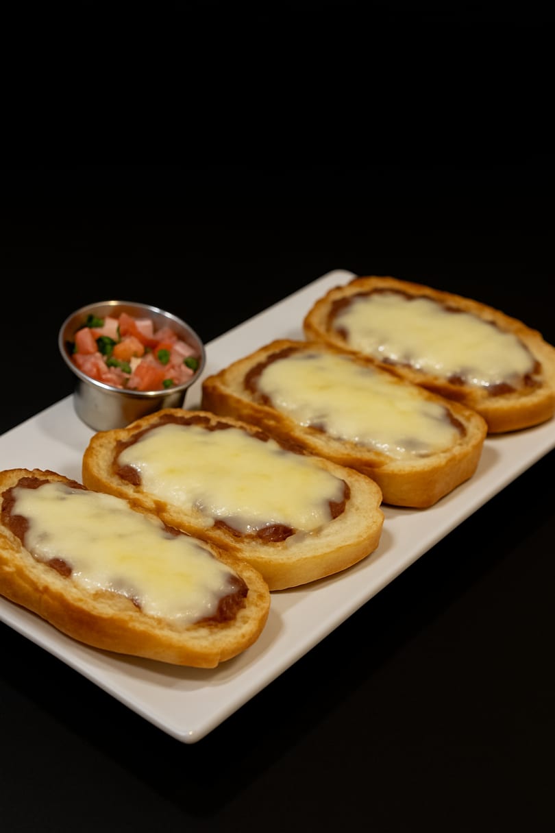 Four cheesy molletes on a white plate with a side of pico de gallo.