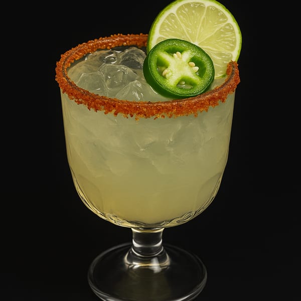 Spicy margarita with a chili-lime rim, garnished with a lime slice and jalapeño on a dark background.