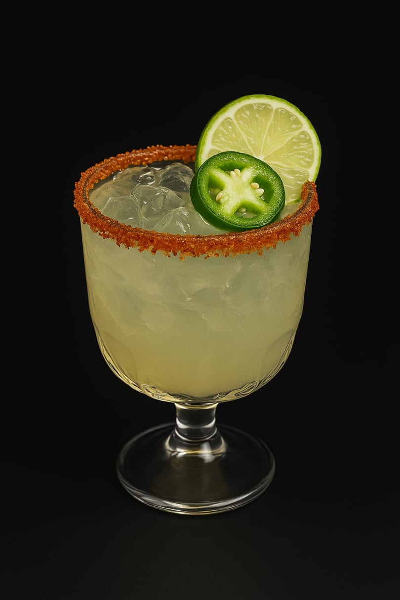 Spicy margarita with a chili-lime rim, garnished with a lime slice and jalapeño on a dark background.