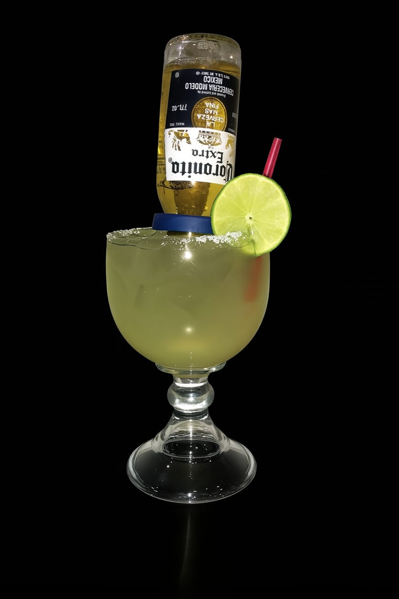 A Coronita margarita with a lime wedge and red straw in a large stemmed glass.