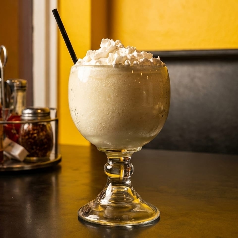 A creamy milkshake with whipped cream and a black straw sits on a table next to condiments.