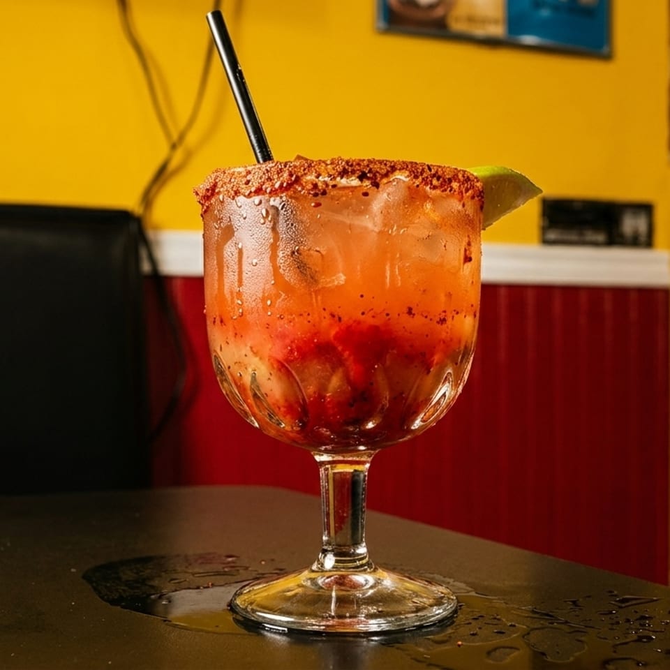 A vibrant red drink with a chili-lime rim and lime wedge, on a black table in a restaurant.