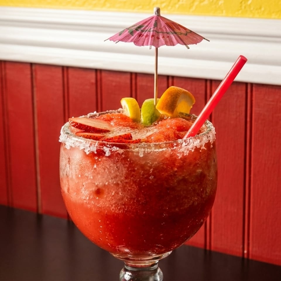 Strawberry margarita with a salted rim, fruit garnish, red straw, and pink umbrella.
