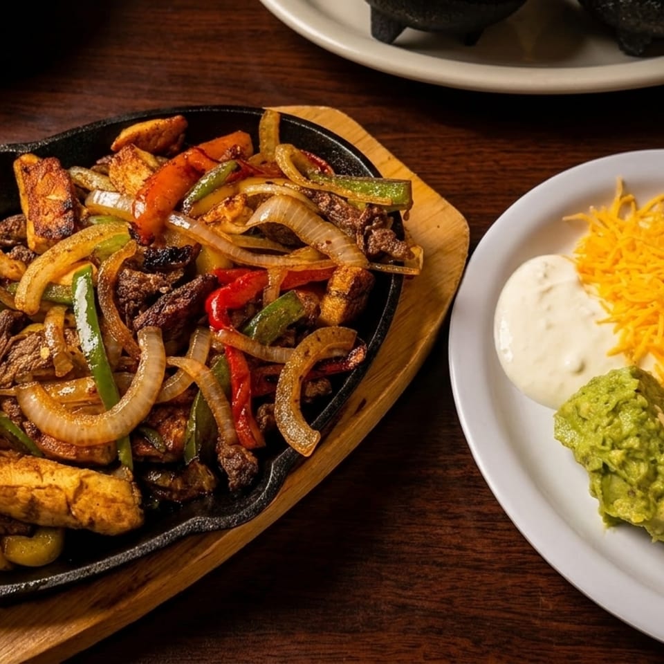 Sizzling fajitas with beef, chicken, onions, and peppers, served with refried beans, cheese, and guacamole.